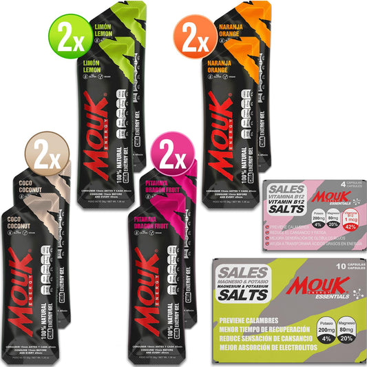 Pack Conquistadores: 8 Geles Energéticos Naturales | 10 Cápsulas de Mg y K | 4 Cápsulas de Mg, K y Vitamina B12