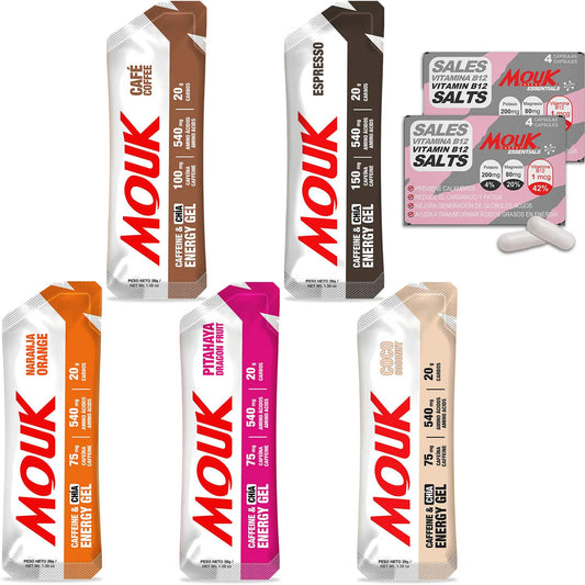 Pack Ironman: 5 Geles Energéticos Cafeína | 8 Cápsulas de Mg, K y Vitamina B12