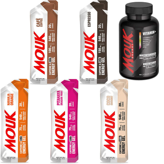 Pack Xterra: 5 Geles Energéticos Cafeína | Multivitamínico 60 Cápsulas