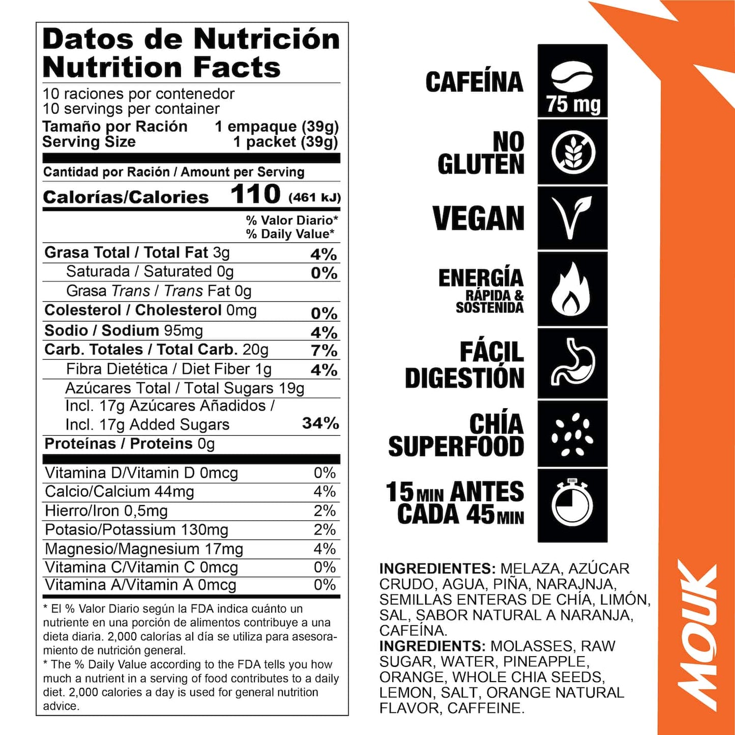 Gel Energético MOUK Sabor Naranja 10 Pack | 75mg Cafeína | No Gluten