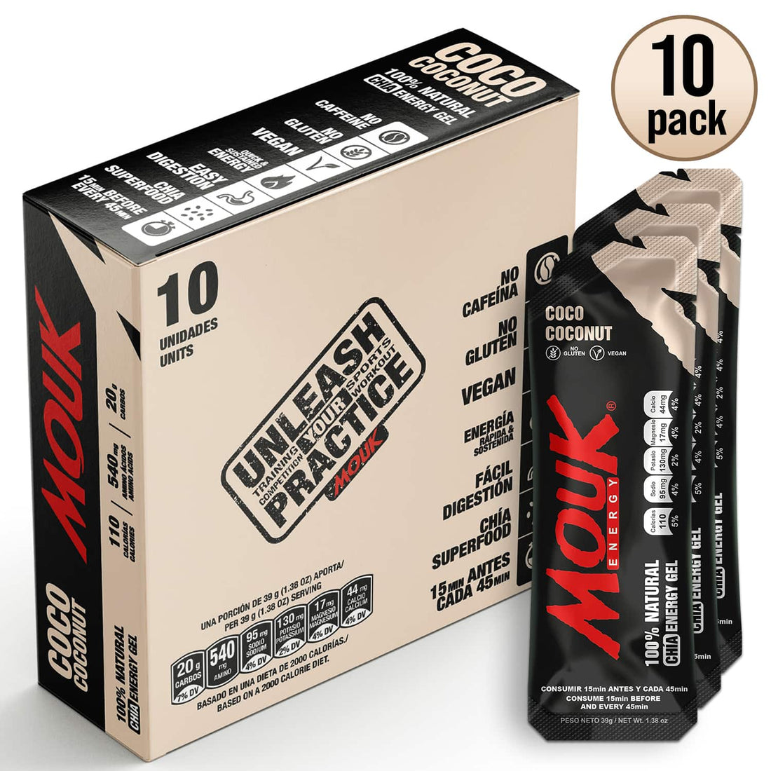 Gel Energético MOUK Sabor Coco 10 Pack | Natural | No Cafeína | No Glu ...